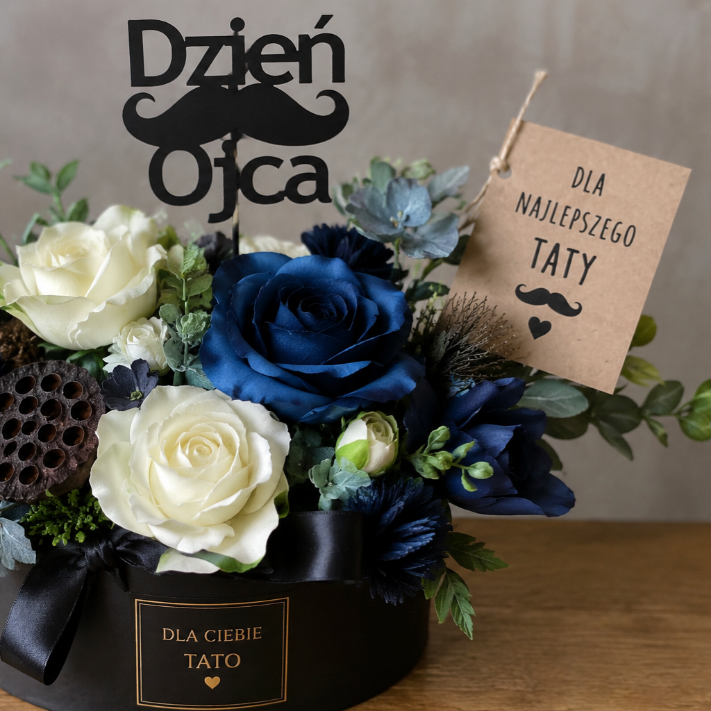 Kompozycja florystyczna na Dzień Ojca w granatowym flower boxie z kremowymi różami, niebieskimi hortensjami, dekoracyjną zielenią i topperem z napisem „Dzień Ojca